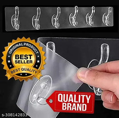 6 Row Transparent Self-Adhesive Hook Set Seamless Wall Hanger Waterproof, Oilproof Sticker Hook for Kitchen, Bathroom, Home No Drill Invisible Heavy Duty Wall