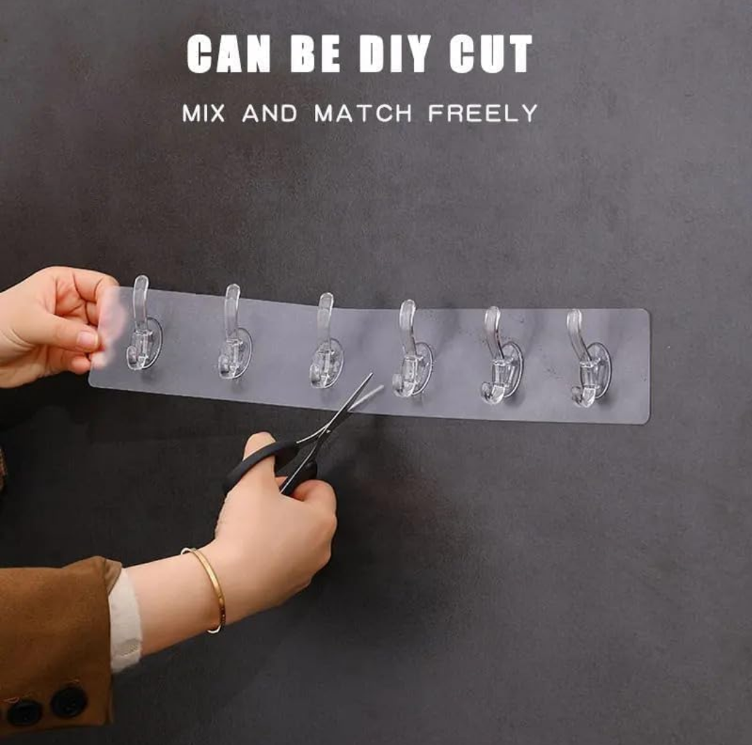 6 Row Transparent Self-Adhesive Hook Set Seamless Wall Hanger Waterproof, Oilproof Sticker Hook for Kitchen, Bathroom, Home No Drill Invisible Heavy Duty Wall